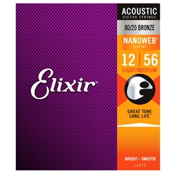 Elixir 80/20 Bronze Acoustic Guitar Strings with NANOWEB. Light Medium 12-56 11077