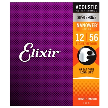 Elixir 80/20 Bronze Acoustic Guitar Strings with NANOWEB. Light Medium 12-56 11077